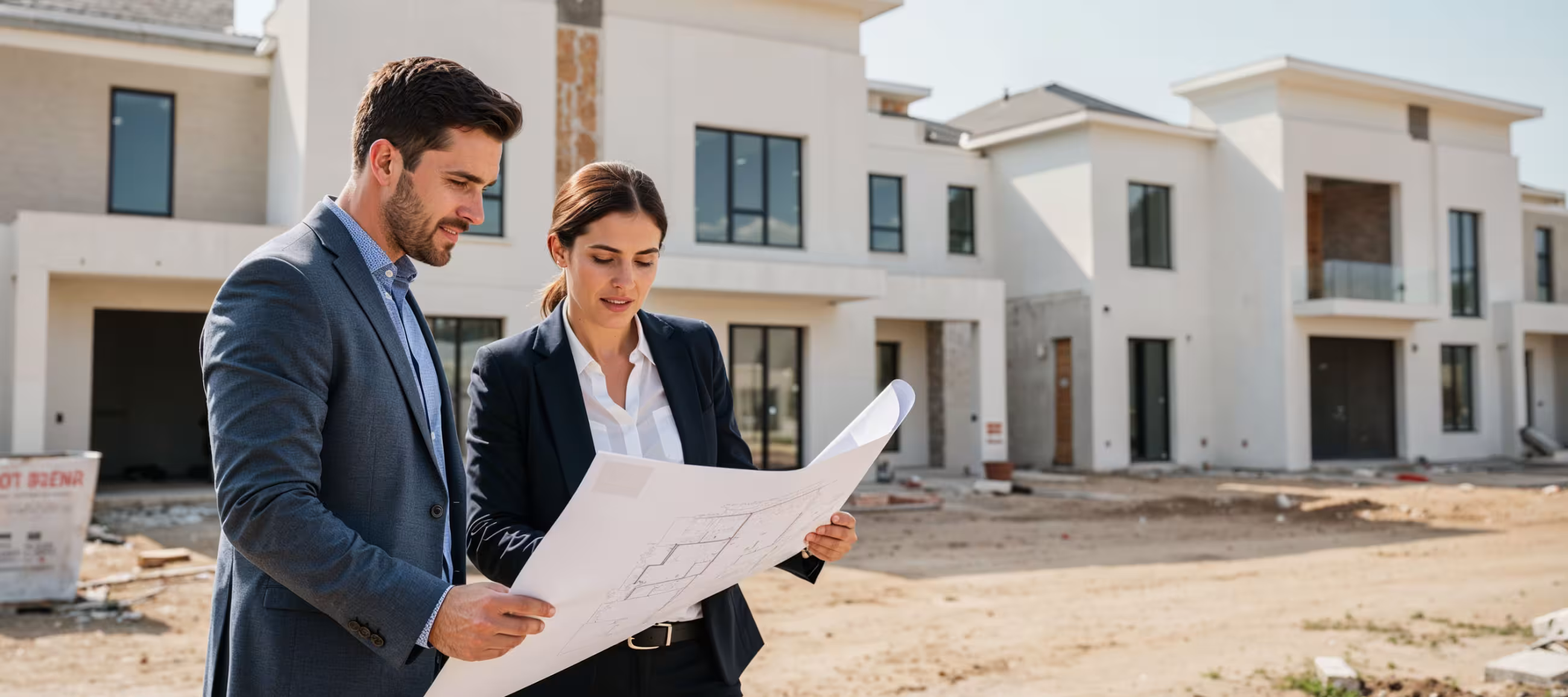 Two people looking over plans