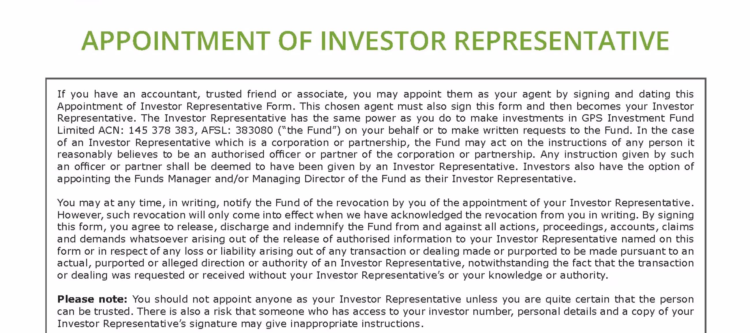 Appointment of Investor Representative