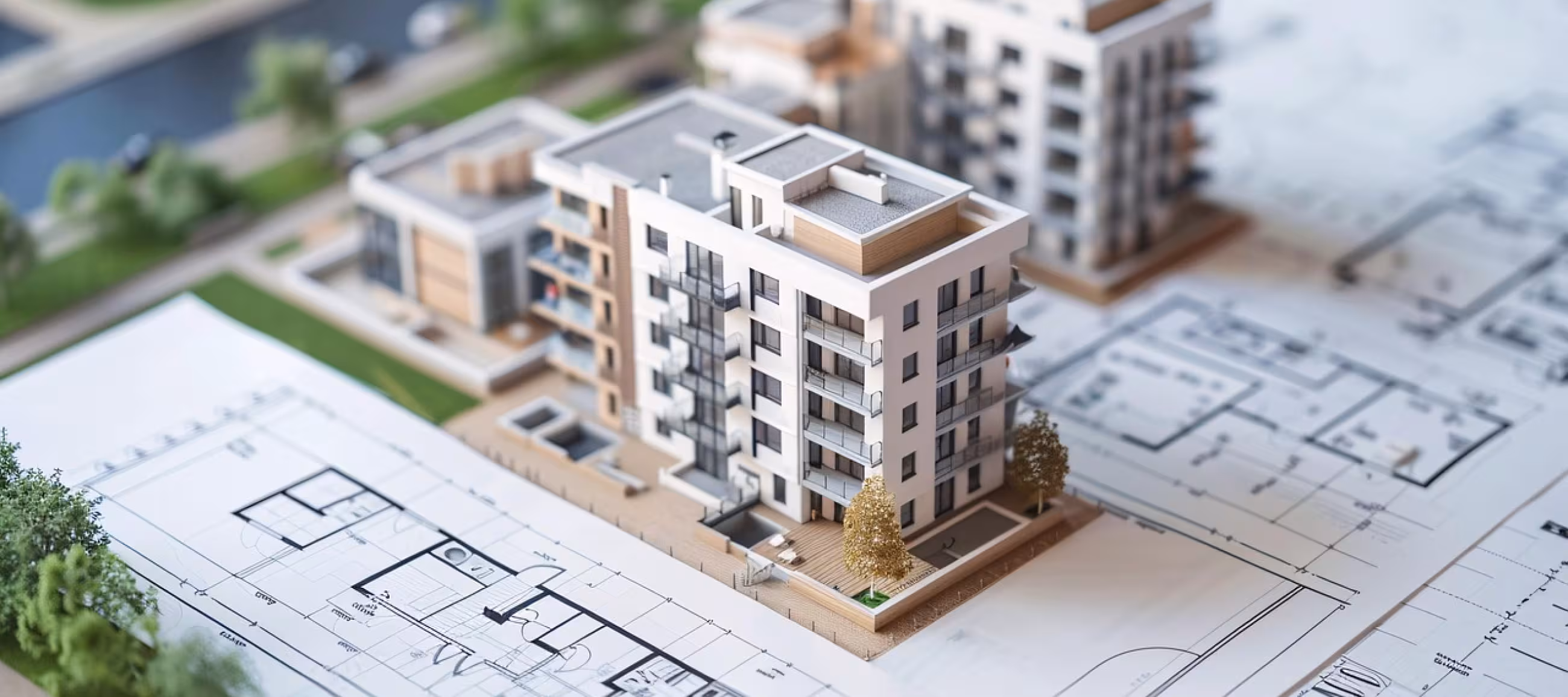 architectural model on plans with small fake trees