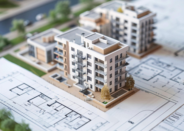 architectural model on plans with small fake trees